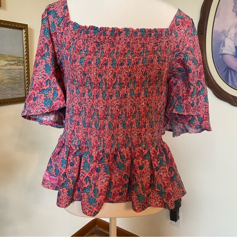 Simply Southern • Pink & Blue Seahorse Print Smocked Flutter Sleeve Top • Sz XL - Picture 2 of 7